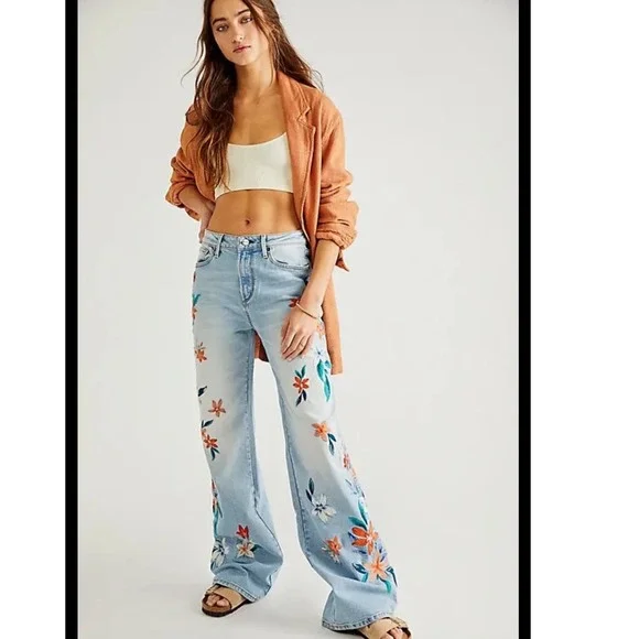 DRIFTWOOD Charlee Wide-Leg Jeans Bright Sky Embroidered Size 28 Boho - Picture 2 of 11